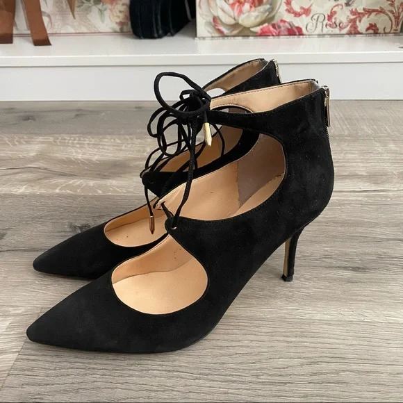 Black suede point toe lace up heels - Picture 9 of 11